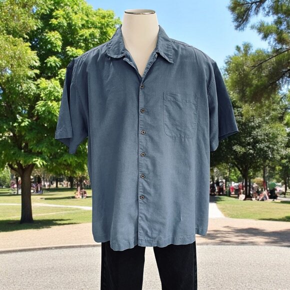 Panama Jack Mens XXL Button Up Shirt Blue Short Sleeve Ramie Cotton Relaxed Fit - Picture 1 of 8